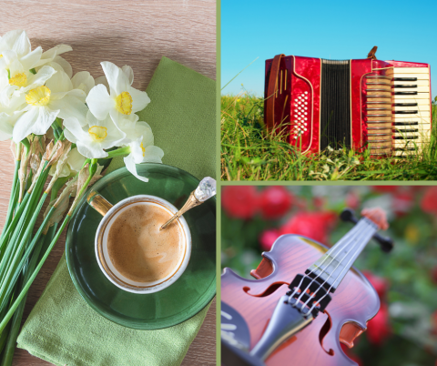 Collage of photos: Coffee and flowers, an accordion in grass, and a fiddle with red flowers.