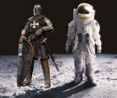 Photo of a medieval knight standing next to an astronaut on the moon.