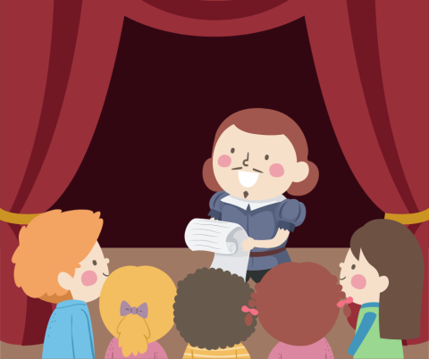 Illustration of a person dressed as Shakespeare talking to children on a stage. 
