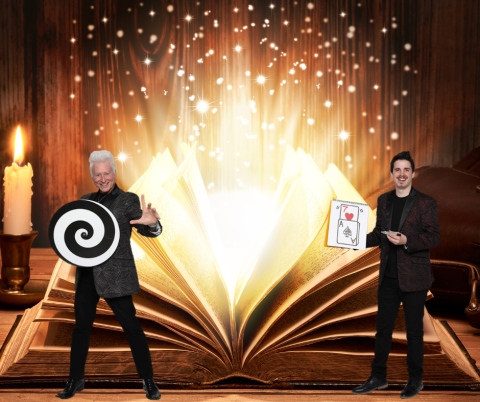 Rockstar magicians Chris and Neal superimposed in front of a magic book and lit candle.