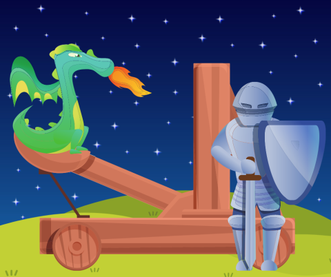 Illustration of a field at night with a dragon sitting in a catapult and a knight in armor.