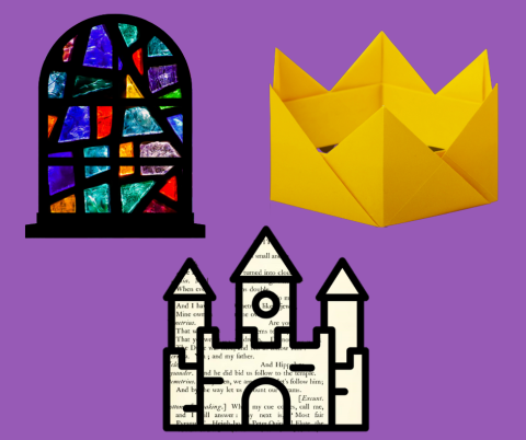 Collage of a stained glass window, a origami crown, and a castle made of a book page.
