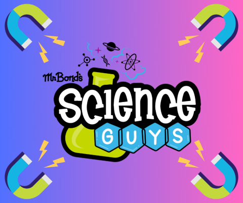 The Science Guys Logo on a gradient background with magnets.