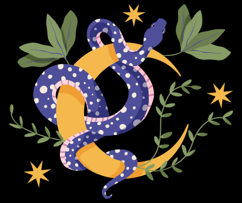 Illustration of a purple snake wrapped around a crescent moon with stars and leaves.