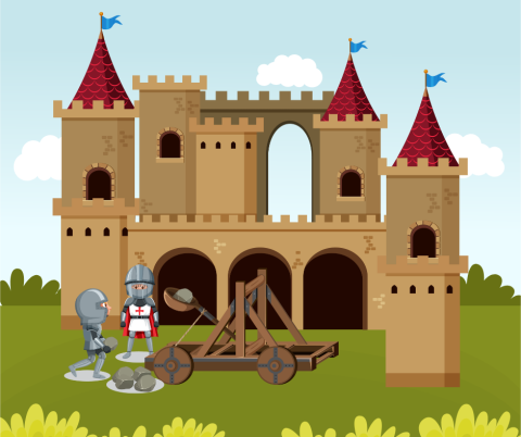 Illustration of a medieval castle being defended by two knights and a catapult.