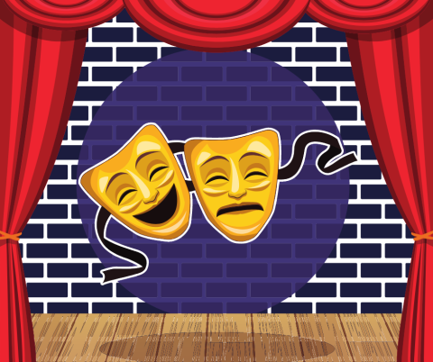 Illustration of a stage with red curtains and a comedy/tragedy mask background.
