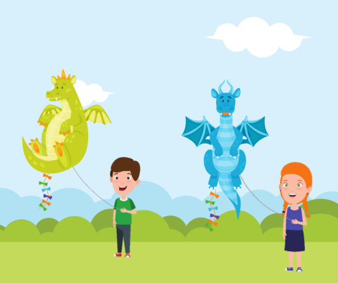 Illustration of children holding kites that look like dragons.