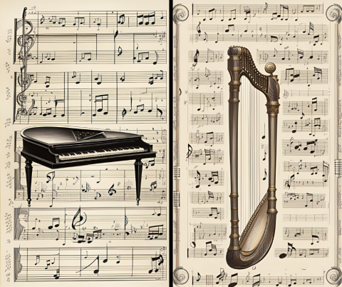 Side by side images of a harpsichord and a harp on music note sheets.
