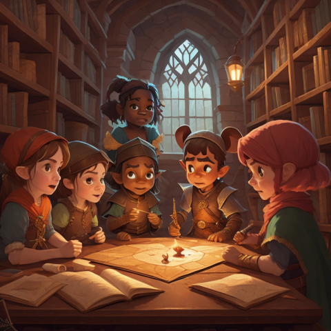Ai generated image of young children playing dungeons and dragons in a library.