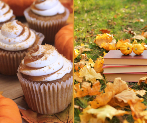 Side by side images of fall cupcakes and books with pumpkins and leaves.