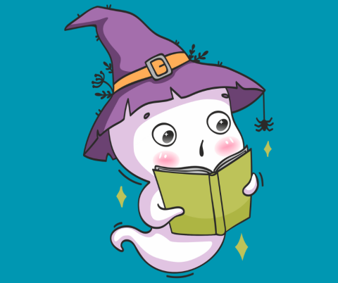 Illustration of a ghost wearing a witches hat and reading a book.