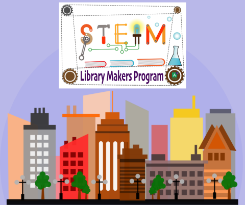 Illustration of a city skyline with the STEAM Library Makers Logo