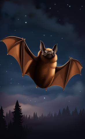 AI Illustration of a large brown bat in the night sky over trees.