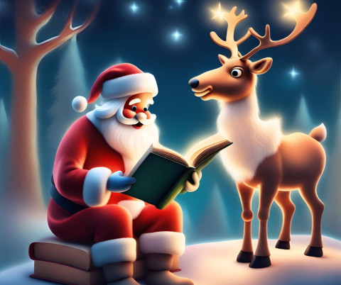 Santa Claus reading to a reindeer.