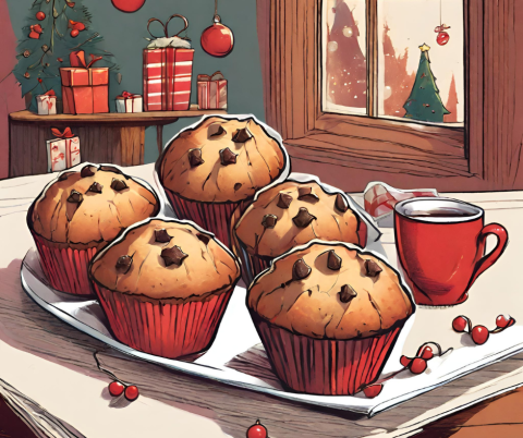 Illustration of muffins on a plate, a red coffee cup and Christmas Decor.
