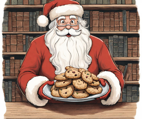 Santa holding a plate of cookies in a library