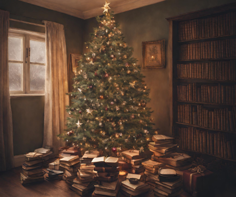 Christmas Tree surrounded by books.