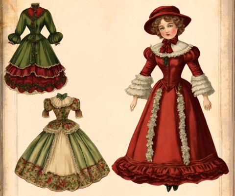 AI generated image of a Victorian Paper Doll and 2 dresses