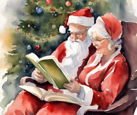Watercolor Santa and Mrs. Claus reading a book.
