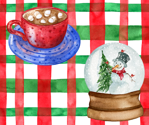 Watercolor snow globe and cocoas on a red and green plaid background