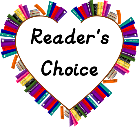 Illustration of books on shelves in a heart shape with Reader's Choice written in the middle.