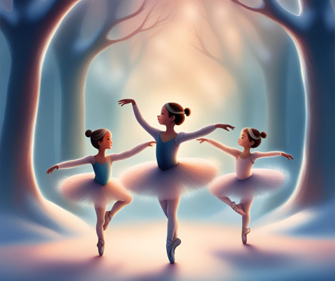 AI image of young ballet dancers in a winter woods.