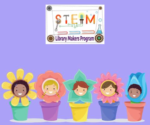 STEAM Library Makers Logo and children dressed as flowers in pots illustration