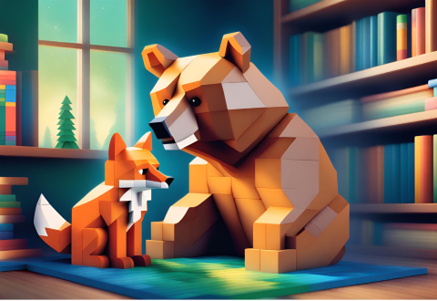 Lego® bear and fox in a library