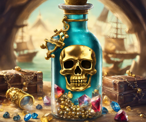 AI image of a pirate treasure and a gold skill inside a glass bottle with ships in the distance and treasure around it.