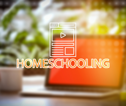 Photo of a laptop with the word homeschooling superimposed over top.