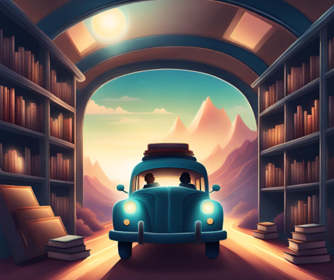 AI Illustration of a car driving through a library will mountains in the background.