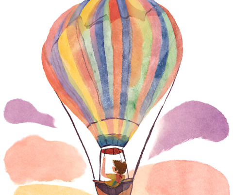 Watercolor painting of someone in a hot air balloon.