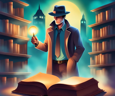 AI image of a detective holding a magnifying glass surrounded by bookshelves with London night skyline behind him.