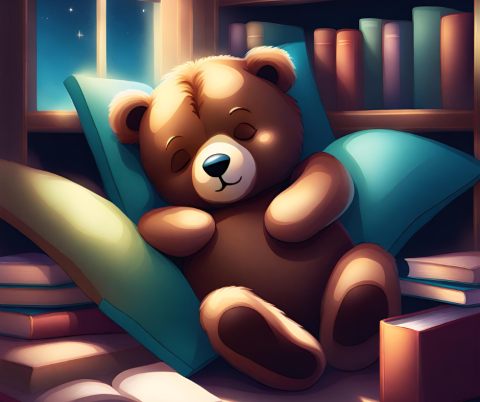 AI illustration of a teddy bear sleeping in the library.