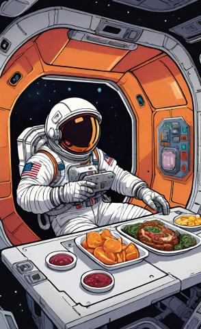 AI illustration of an astronaut eating in space.