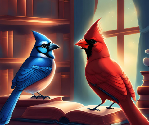 AI image of a bluejay and a cardinal in a library.