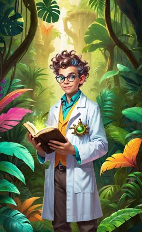 AI image of a young scientist holding a book in the jungle.