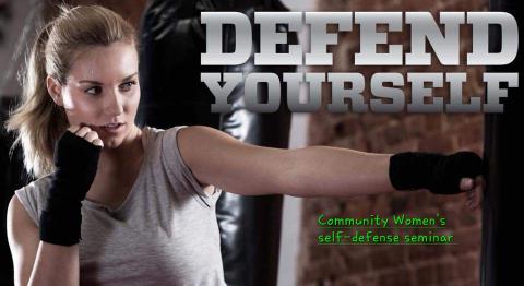 Woman in a defensive pose with the words defend yourself in silver lettering.