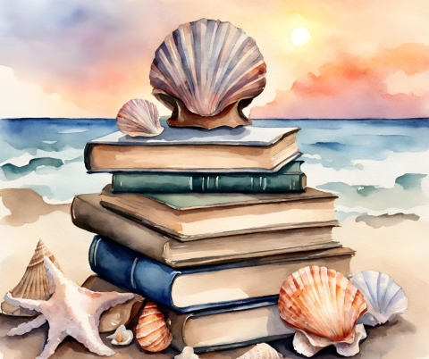 Ai generated watercolor image of seashells and books on a beach at sunrise.