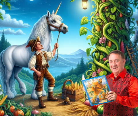 Jack and the beanstalk illustration with a unicorn and a cropped photo of Steve Somers the performer.