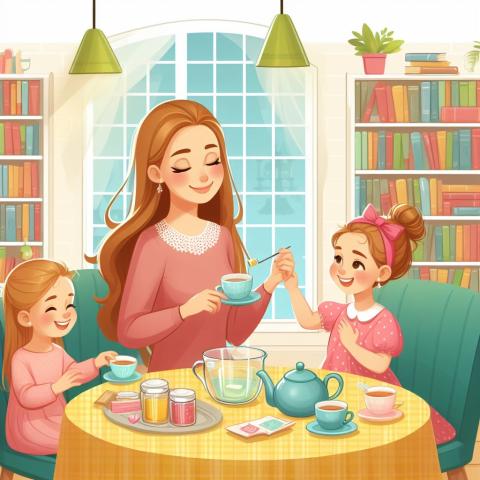 Mother and two daughters having a tea party in a library ai image.