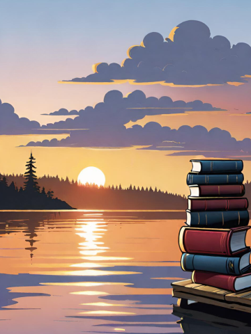 Stack of books on a pier by a lake at sunrise.