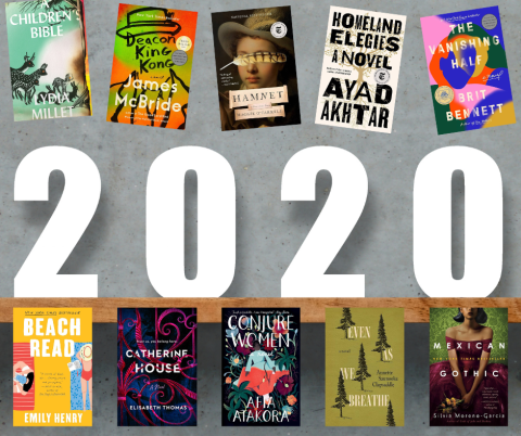 Bookshelf on a gray wall with white numbers 2020 and books published that year.