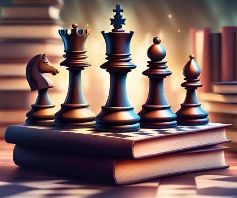Chess pieces on top of books that look like chess boards, AI illustration.