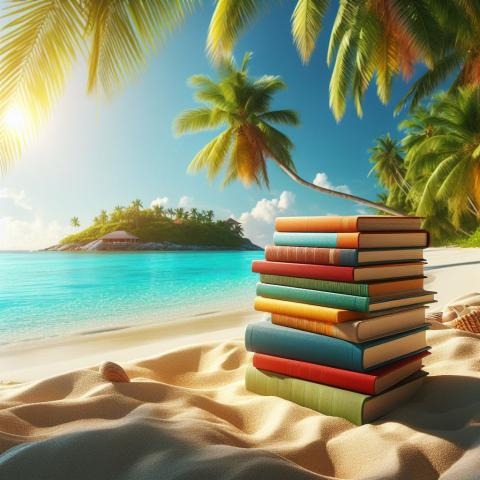 AI image of books on a tropical beach.