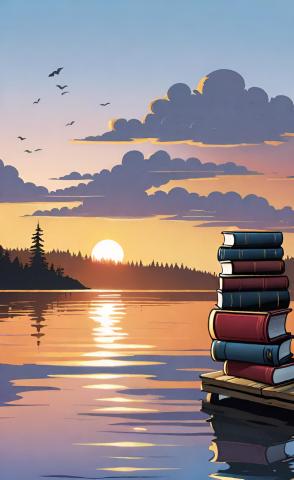 AI image of a stack of books on a pier by a lake at sunrise.