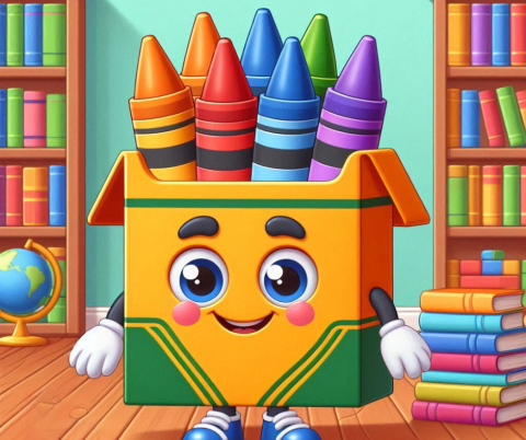 AI generated image of a crayon box character in a library