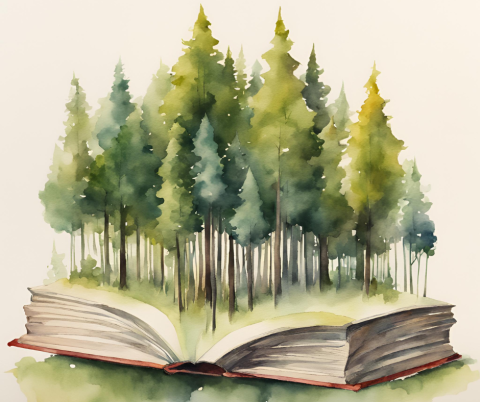 Watercolor AI image of a forest of trees growing out of a book.