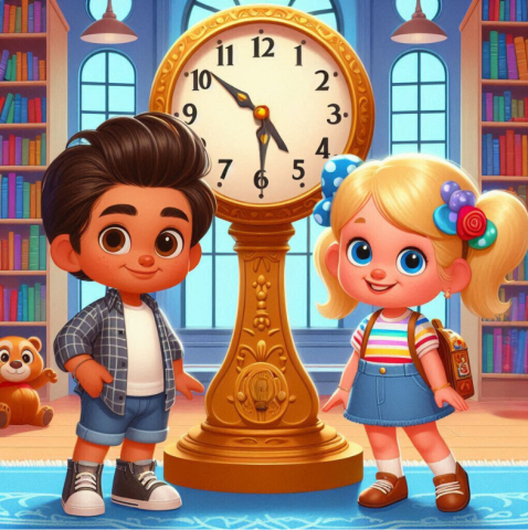 AI illustration of a young boy and a girl in a library standing next to a large clock