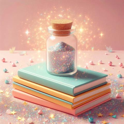 Ai image of fairy dust in a bottle on top of a stack of books
